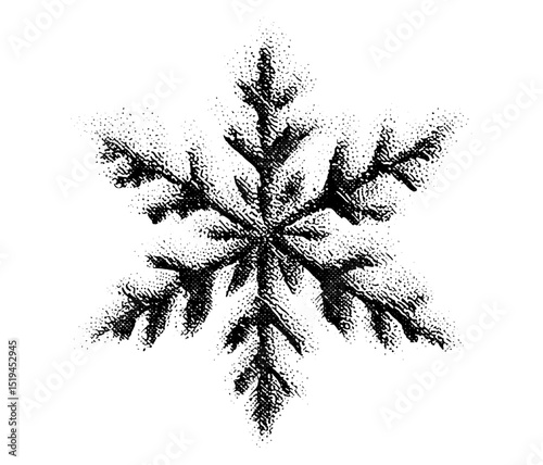 Grunge punk Y2K collage design with snowflake, halftone stipple effect, vector illustration, grainy textured element, vintage photocopy style, noisy dotwork, retro winter theme.