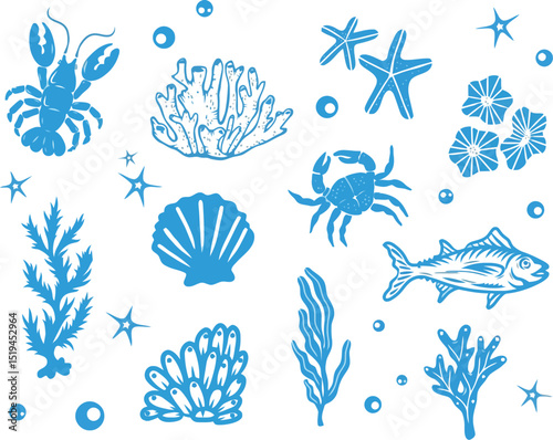 Ocean life illustration seamless pattern with lobster crab starfish seaweed coral and fish vector design editable stock vector illustration