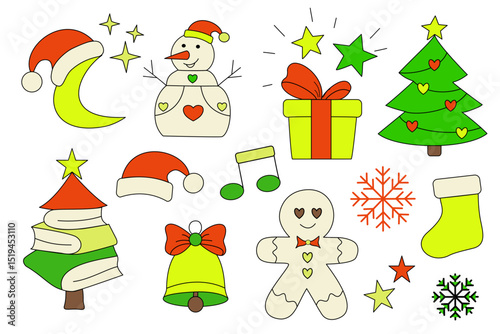 Big vector Christmas set with moon in Santa hat, snowman, gift, tree, gingerbread man, music notes, bell, book tree, snowflakes, and stars. Festive and fun!