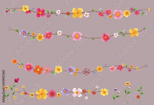 Vibrant wildflower garlands in various styles, whimsical & romantic vector illustrations, wedding, pretty