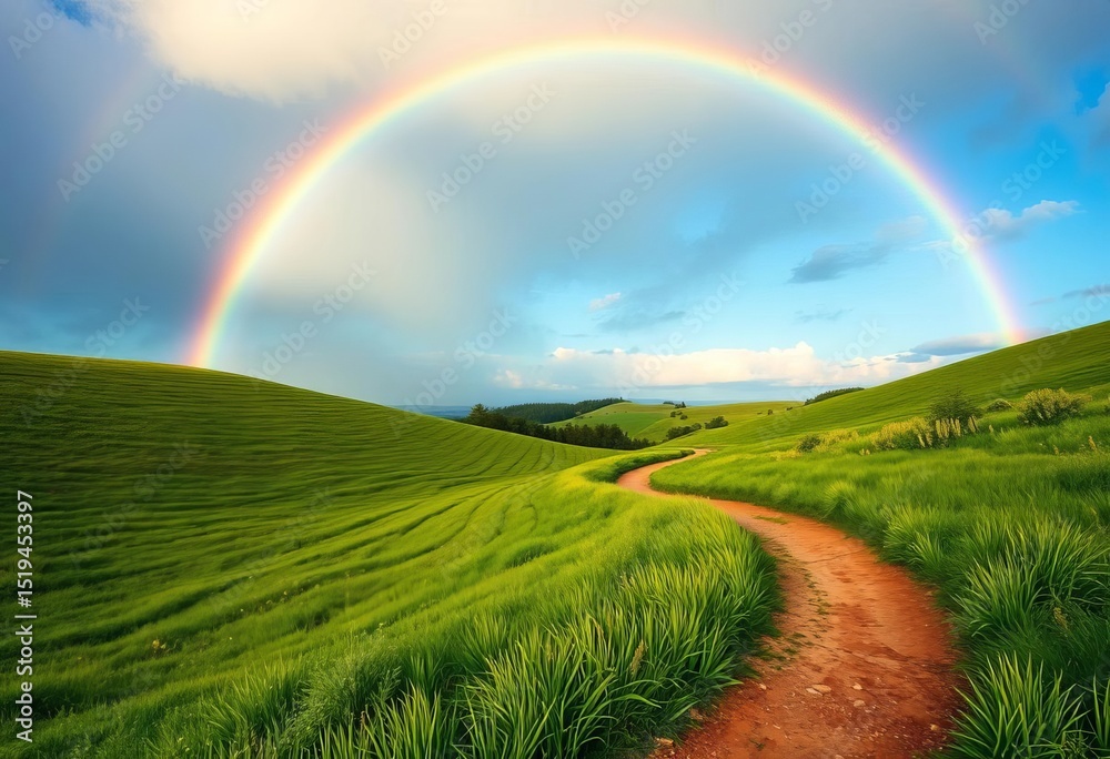 Naklejka premium Winding path through lush green meadow, vibrant rainbow arching overhead, tranquil, adventure