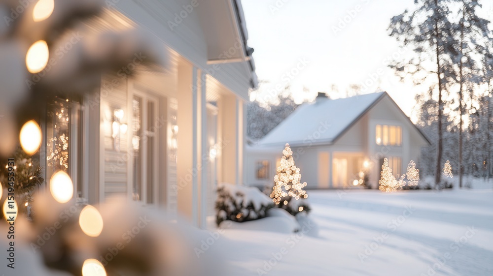 Fototapeta premium Festive christmas winter atmosphere adorn a house exterior, creating a warm and inviting decorations during a snowy sunset