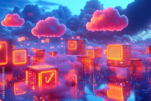 Cybernetic cloud city, glowing cubes, floating checks photo