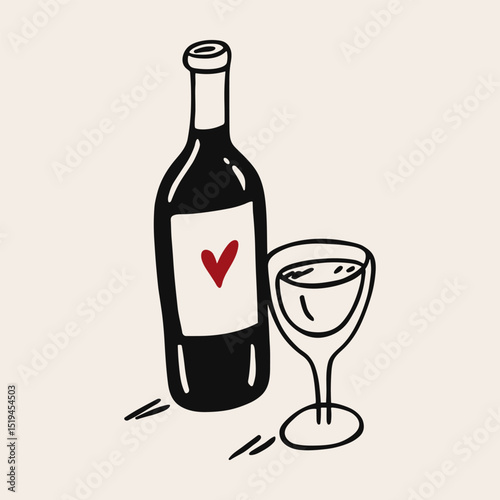 Wine bottle and glass icon, naive line art. Trendy minimal hand drawn vector illustration