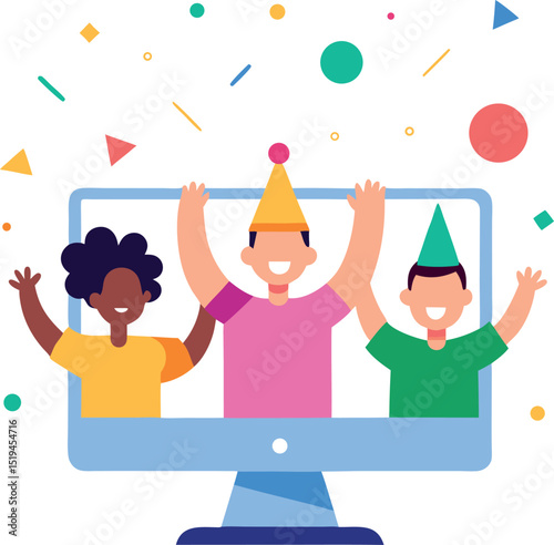 Team Celebrating Online with Party Hats and Balloons