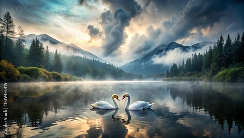 Fototapeta Naklejka Na Ścianę i Meble -  Romantic Swan Lake: Two swans in love, forming a heart shape with their necks, float gracefully on a misty lake, set against a backdrop of serene mountains and dramatic skies.