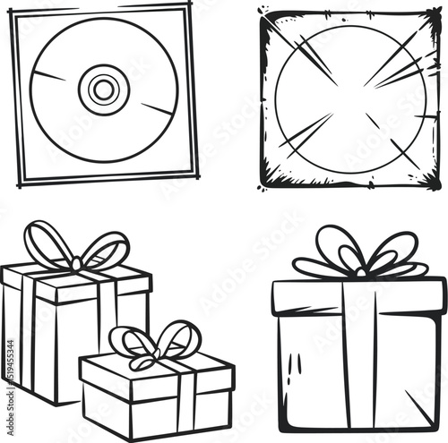 Line art drawing of cd dvd disc and gift present box with bow vector illustration design concept editable stock vector illustration
