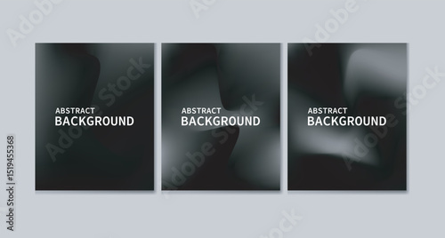 Aesthetic set of three abstract posters featuring soft, flowing 3D shapes in subtle black gradients. Centered white text reads “Just Landing,” creating a clean, modern design. Ideal for branding