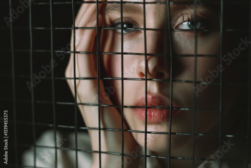 Woman suffering from mental illness holding cage bars in dark room