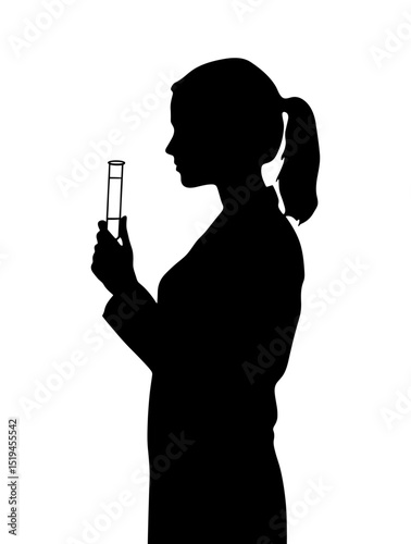 Black silhouette woman scientist in lab coat with test tube in hand. Vector design