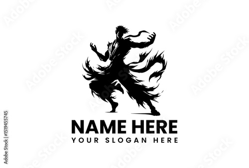 Powerful kung fu vector stencil design showing martial artist in dynamic aerial kick