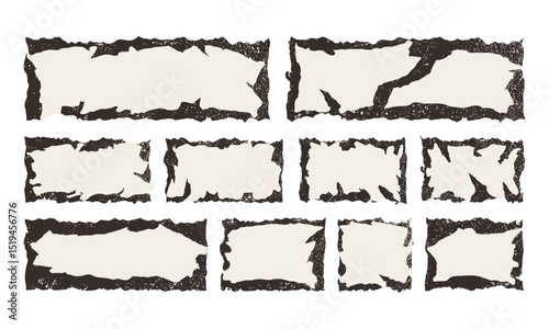 Torn paper frames with jagged edges, ripped for collage, weathered and distressed style, vector illustration of rough shapes, retro design templates, vintage textures, scrapbooking art.