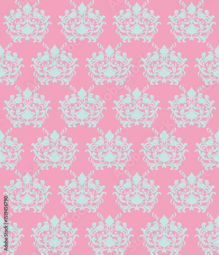 Elegant damask pattern in soft blue over a pastel pink background. A charming and feminine design ideal for wallpapers, fabrics, invitations, and vintage-themed decor.