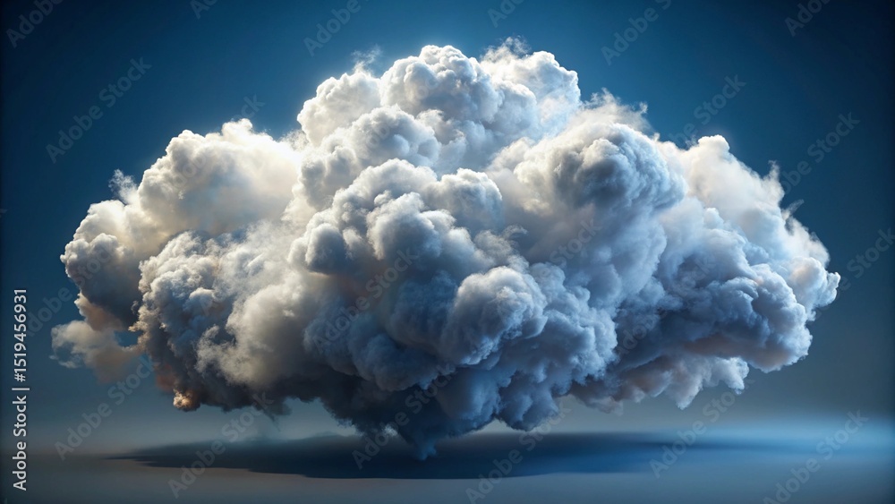 Naklejka premium Fluffy Cumulus Cloud: A large, fluffy cumulus cloud floats against a deep blue sky, illuminated by a soft light source, creating a dramatic and ethereal atmosphere.