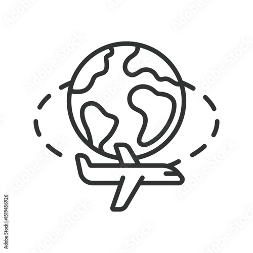 World travel, icon in line design. World travel, globe, passport, airplane, suitcase, travel route, international trip on white background vector. World travel editable stroke icon