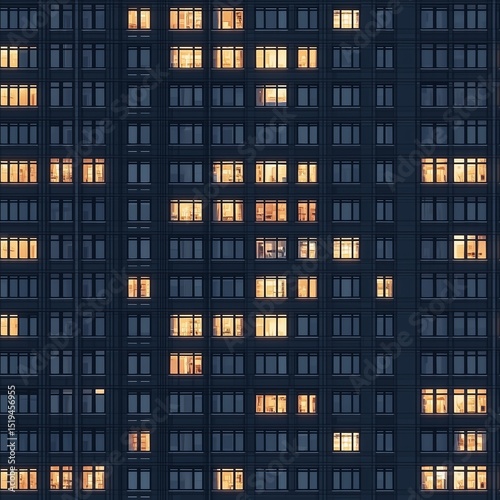 seamless texture highrise building facade at night, illuminated window pattern, regular structure architecture tile