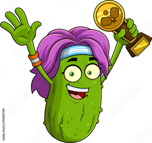 Pickle Girl Cartoon Character With Purple Hair Holding Pickleball Trophy And Celebrating Victory - Vector Hand Drawn Illustration Isolated On Transparent Background