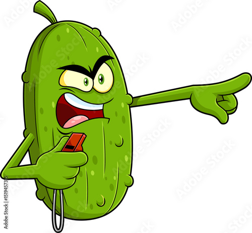 Angry Pickleball Referee Pickle Mascot Character Blowing Whistle And Pointing - Vector Hand Drawn Illustration Isolated On Transparent Background