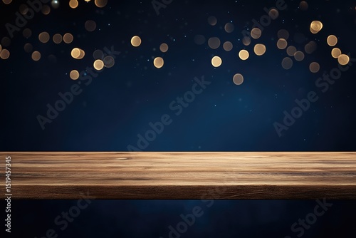 Empty wooden tabletop against a dark blue backdrop with golden bokeh lights