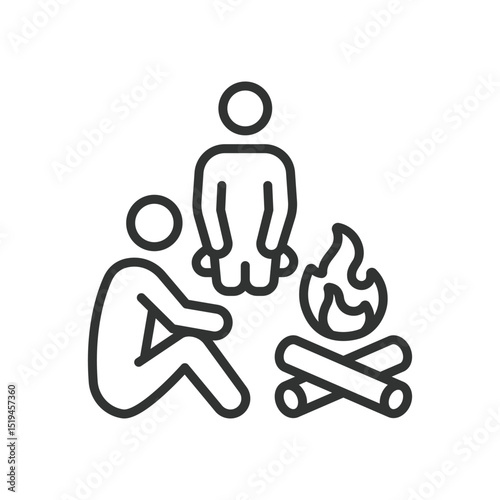 Campfire, icon in line design. Campfire, firewood, flames, outdoor fire, camping, tent night, bonfire on white background vector. Campfire editable stroke icon