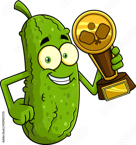 Happy Pickleball Champion Pickle Mascot Character Holding Trophy And Smiling - Vector Hand Drawn Illustration Isolated On Transparent Background