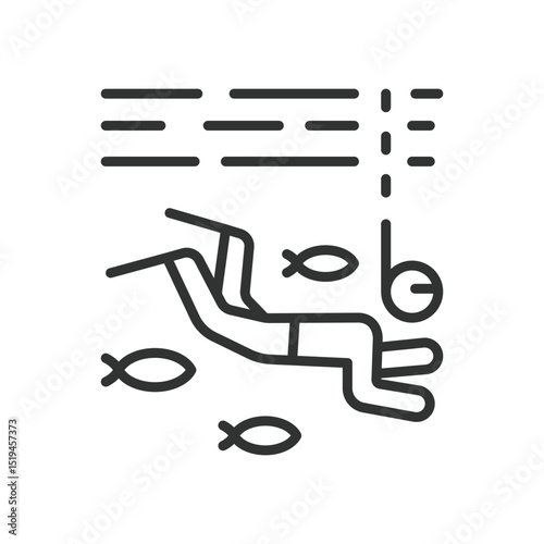 Snorkeling, icon in line design. Snorkeling, snorkel mask, underwater, diving, sea adventure, fins, ocean swim on white background vector. Snorkeling editable stroke icon