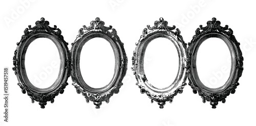 Vintage gothic mirror frames, stippled photocopy texture, vector illustration, retro victorian ornate oval borders, antique baroque style, banner design, halftone collage, decorative elements.