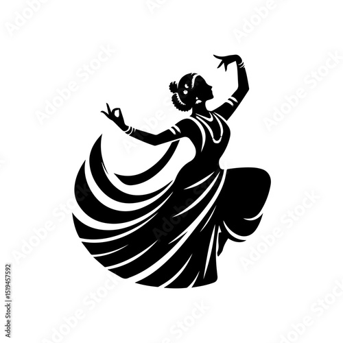 Minimalist black and white vector logo of a classical Indian dancer in traditional performance pose