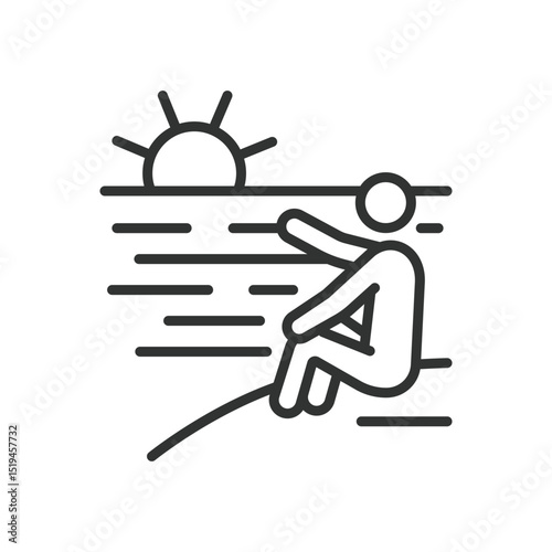 Enjoying sunset, icon in line design. Enjoying sunset, sunset view, watching sunset, sunset moment, beach sunset on white background vector. For the theme: enjoying sunset editable stroke icon