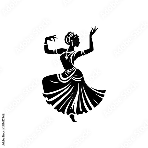 Minimalist black and white vector logo of a classical Indian dancer in traditional performance pose