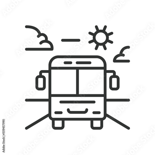 Travel by bus, icon in line design. Travel by bus, bus trip, road journey, tourist bus, public transport, bus vacation on white background vector. For the theme: Travel by bus editable stroke icon