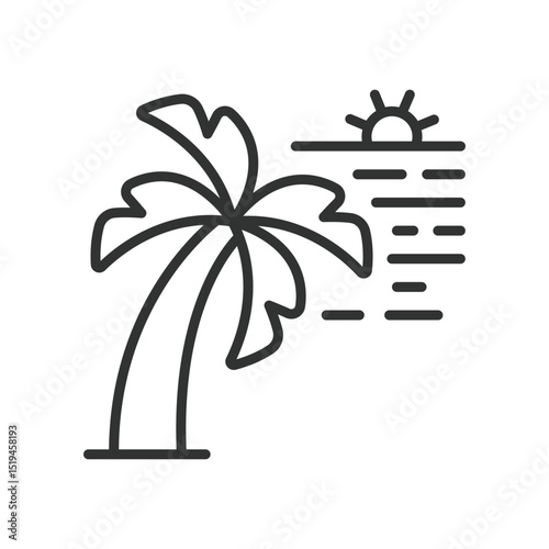 Tropical beach, icon in line design. Tropical beach, palm trees, sandy shore, ocean waves, sun, hammock, tropical vacation on white background vector. Tropical beach editable stroke icon