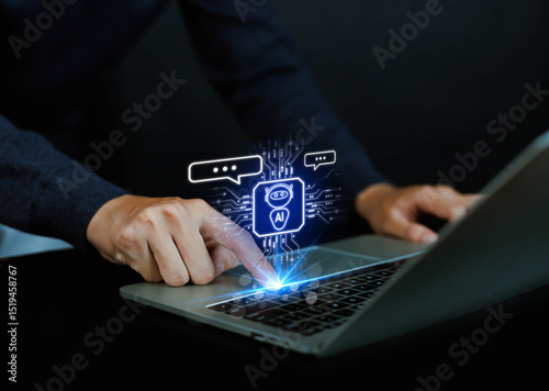 
Man using laptop to chat with AI Chatbot Assistant or Artificial Intelligence Technology, Hologram Robot Application and Global Connectivity