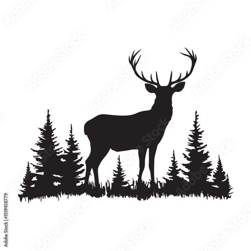 A deer standing in a forest silhouette vector art