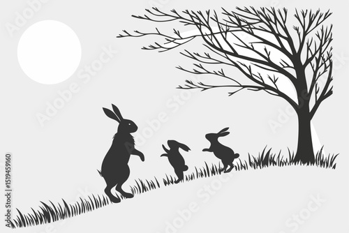 Black and white hare family silhouette illustration with bare tree and moon