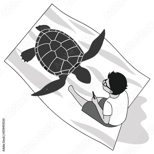 Boy on beach towel with turtle illustration summer vacation concept