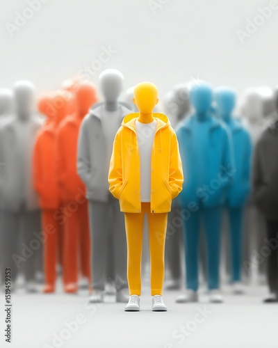 shopper consumer persona audience target A vibrant yellow mannequin stands out amidst a crowd of monochromatic figures, symbolizing individuality and self-expression in modern fashion.