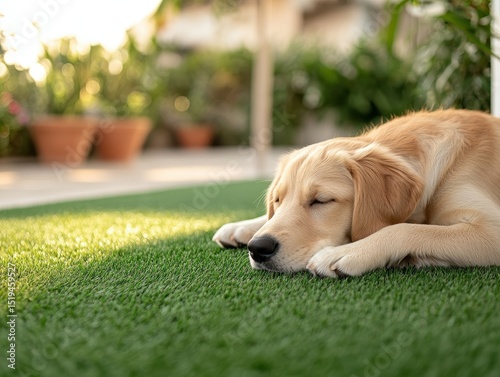 Golden Retriever puppy sleeping peacefully in backyard