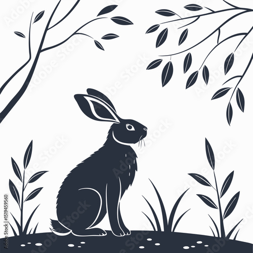 Elegant black and white hare silhouette forest illustration for nature or spring designs