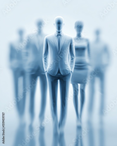 shopper consumer persona audience target A group of abstract, faceless figures in business attire, conveying themes of professionalism, teamwork, and corporate identity in a modern environment.