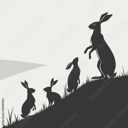 Hare silhouette family on hillside vector illustration in neutral colors