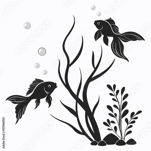 Monochrome aquatic scene two goldfish seaweed bubbles clean illustration vector
