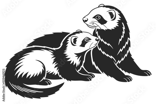 Monochrome illustration of two ferrets black and white vector artwork