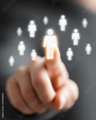 shopper consumer persona audience target A close-up of a finger pointing at a glowing person icon surrounded by silhouettes, symbolizing leadership, choices, and digital connection.