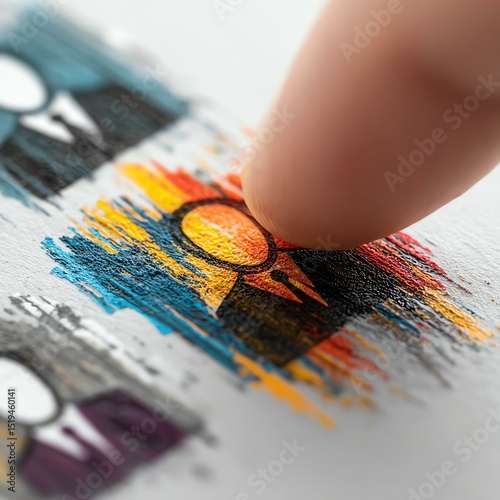 shopper consumer persona audience target A close-up of a hand interacting with vibrant artwork, showcasing colorful paint smudges and textures on paper, symbolizing creativity and design.