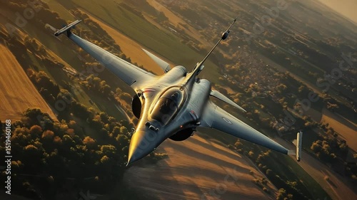 Dynamic aerial shot of a fighter jet soaring above the scenic landscape terrain
