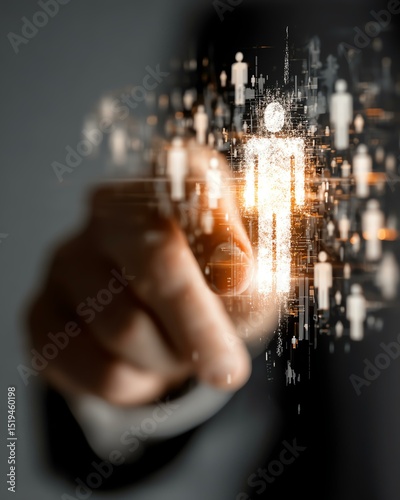 shopper consumer persona audience target A business professional interacts with a digital interface showcasing virtual people, representing data analytics and modern connectivity in technology.