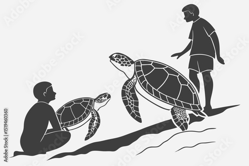 Sea turtle conservation silhouette with people watching turtles on the beach