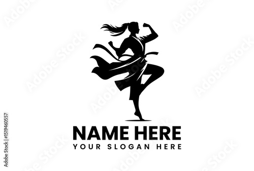 Martial arts stencil vector logo of kung fu fighter performing energetic mid-air kick