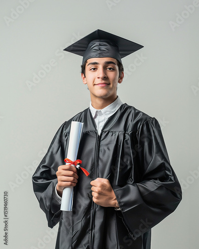 Proud young graduate holding diploma in cap and gown